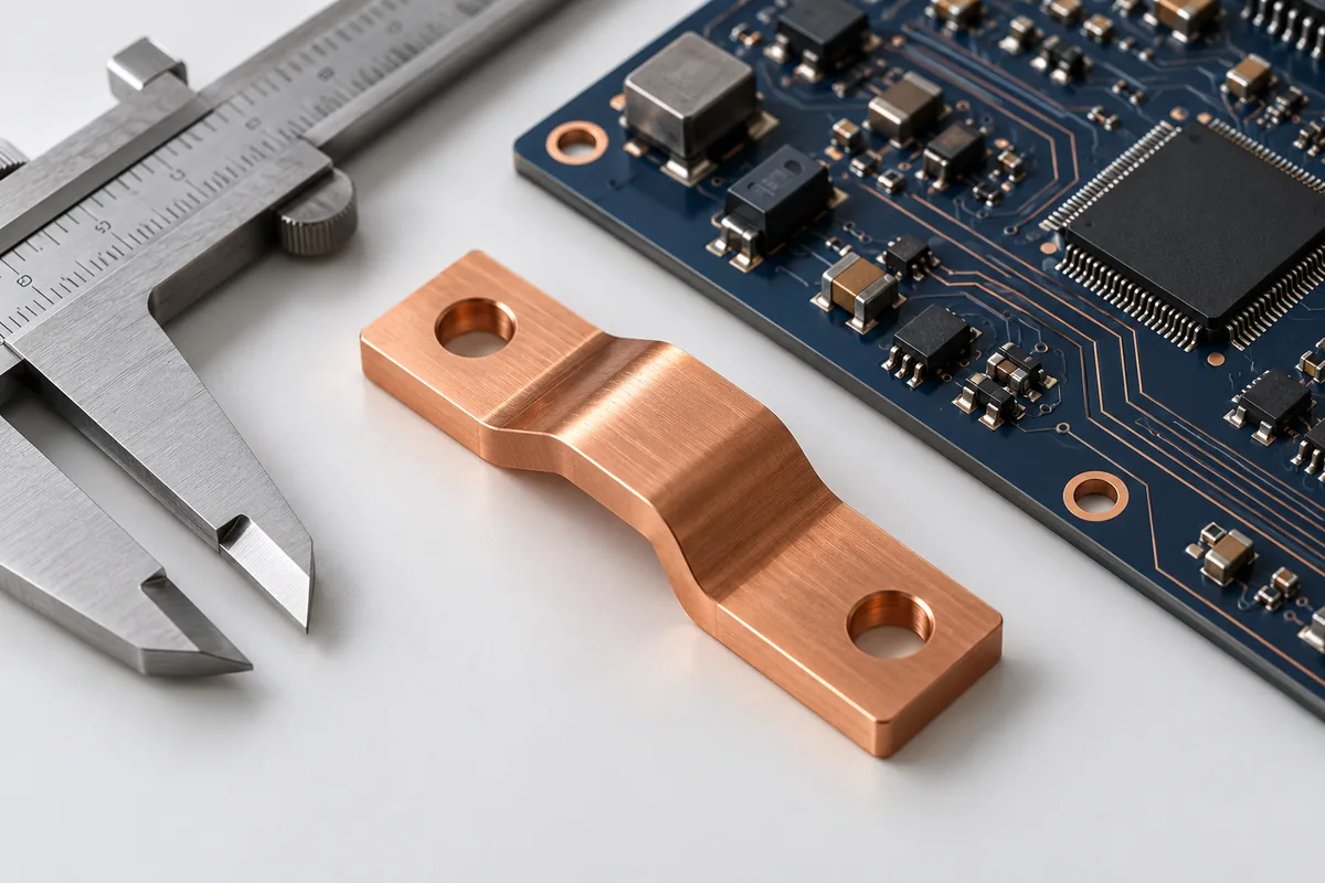 铜排、PCB 与测量工具的工程概念图